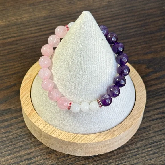 Elegant Pink Purple Beaded Bracelet Amethyst, Rose Quartz & White Jade for Adult - Picture 1 of 5